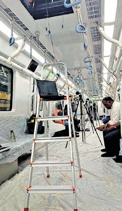 BMRCL engineers carry out static tests at the inspection bay of Hebbagodi depot, for the first driverless Metro train