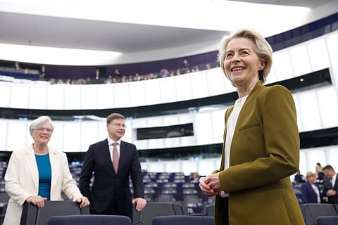 European Commission President Ursula von der Leyen arrives for ceremony to mark the 20th Anniversary of the 2004 EU Enlargement, on April 24, 2024 at the European Parliament in Strasbourg, eastern France.