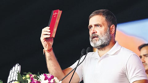 Senior Congress leader Rahul Gandhi addresses a public meeting in Nirmal, located in Adilabad Lok Sabha constituency, on Sunday
