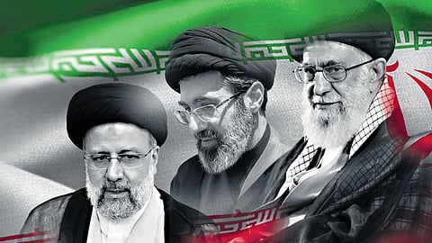 Iran's deceased President Ebrahim Raisi (L), Supreme Leader Ali Khamenei (R) and his son Mojtaba Khamenei (C).