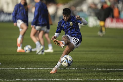 Argentina’s Lorena Benitez warms up prior to the Women’s World Cup Group G soccer match between Argentina and South Africa in Dunedin, New Zealand, July 28, 2023.
