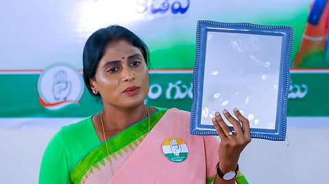 APCC president YS Sharmila addressing the media at Kadapa on Saturday.
