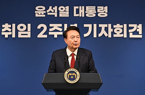 South Korea's President Yoon Suk Yeol speaks during a press conference marking two years in office at the presidential office in Seoul on May 09, 2024.