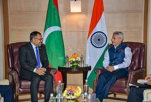 External Affairs Minister S Jaishankar with Maldives Foreign Minister Moosa Zameer at a meeting, in New Delhi, Thursday, May 9, 2024.