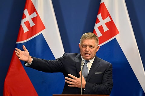 Slovakia's Prime Minister Robert Fico speaks during a press conference with Hungary's Prime Minister Viktor Orban at the Carmelite Monastery in Budapest, Hungary, Tuesday, Jan. 16, 2024.
