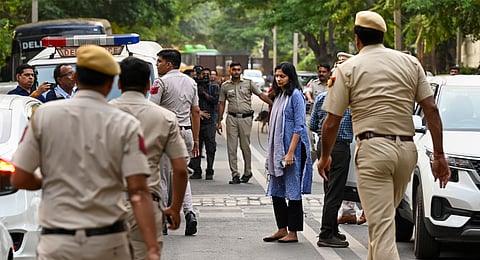 Swati Maliwal outside Delhi CM Arvind Kejriwal’s residence at Civil Lines on Friday.