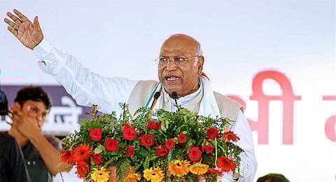 Congress President Mallikarjun Kharge addresses a public meeting for Lok Sabha polls, in Yamuna Nagar, Haryana, Tuesday, March 21, 2024.