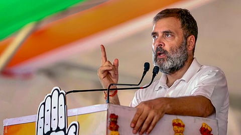 Congress leader Rahul Gandhi addresses a public meeting for Lok Sabha elections, in Ratlam, Monday, May 6, 2024.
