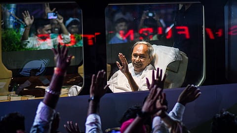 M Naveen Patnaik holds a roadshow near Salia Sahi in Bhubaneswar on Wednesday.