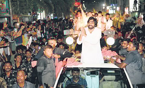 JSP chief Pawan Kalyan holding a roadshow in Vijayawada on Thursday