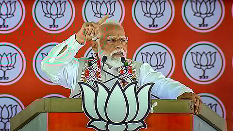 Prime Minister Narendra Modi addresses a public meeting for Lok Sabha polls, in Warangal, Telangana, Wednesday, May 8, 2024.