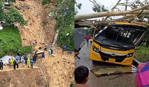 The rains, which were accompanied by gusty winds, uprooted trees and triggered landslides at many places.