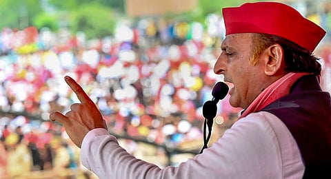 Samajwadi Party Chief Akhilesh Yadav addresses a public meeting for Lok Sabha elections, in Lalganj, Azamgarh district, Uttar Pradesh.