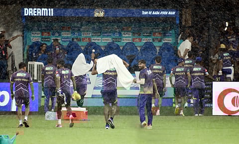 Covers on at the MA Chidambaram stadium as rain interrupts the practice session on Saturday (Express Photo | Ashwin Prasath)