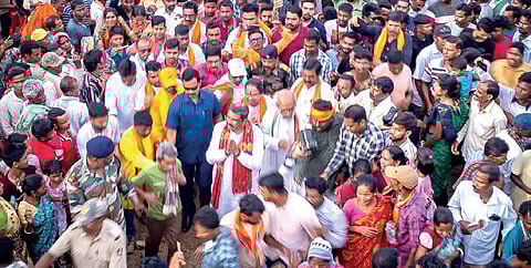Dharmendra Pradhal during an election campaign
