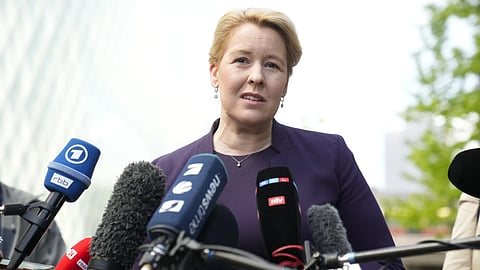 Franziska Giffey Berlin's top economic official speaks to media after an event about solar energy in Berlin, Germany, Wednesday, May 8, 2024.