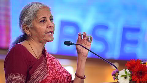 Union Finance Minister Nirmala Sitharaman speaks during the 'Viksit Bharat 2047' event at BSE, in Mumbai, Tuesday, May 14, 2024.