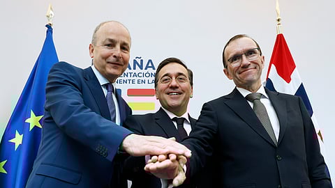 From right, Norway's Foreign Minister Espen Barth Eide, Spain's Foreign Minister Jose Manuel Albares Bueno and Ireland's Foreign Minister Micheál Martin pose for a photo, at the end of a media conference, during talks on the Middle East, in Brussels, Monday, May 27, 2024.