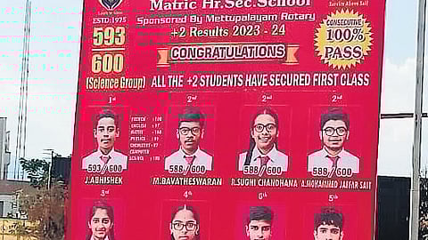 A flex board put up by a private school with pictures of toppers, their marks in Mettupalayam, Coimbatore