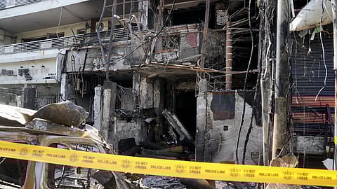 The exterior of a children's hospital where a fire broke out on Saturday night at Vivek Vihar area, in New Delhi, Sunday, May 26, 2024.