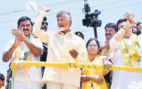 TDP supremo N Chandrababu Naidu speaks at Praja Galam meeting in Undi Assembly constituency on Friday