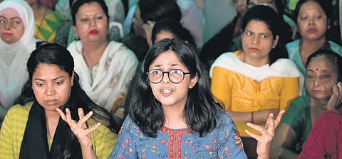 DCW chief Swati Maliwal addressing the media on Thursday