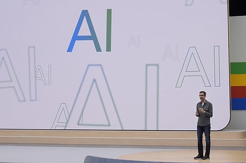 Alphabet CEO Sundar Pichai speaks at a Google I/O event in Mountain View, Calif., May 14, 2024.