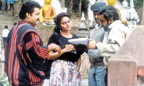 Mohanlal, Madhubala and Sangeeth Sivan on the set of Yoddha
