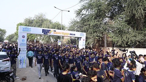 Students participate in Delhi University’s ‘Run for Viksit Bharat’ programme.