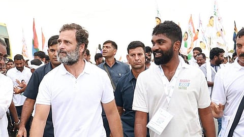 Raj Sampath with Rahul Gandhi during the 'Bharat Jodo Yatra'.