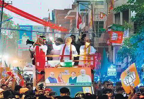 Home Minister Amit Shah at an election rally in UP on Wednesday.