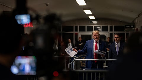 Former President Donald Trump talks to the media after a day of testimony in his trial at Manhattan Criminal court in New York, on May 10, 2024.