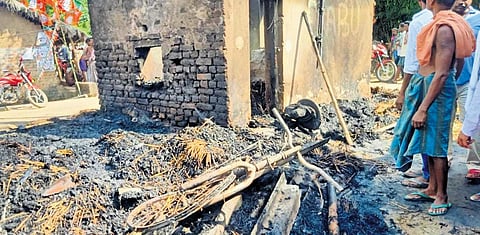 The house of Brahmananda Bhoi destroyed in a fire at Sabhamula village