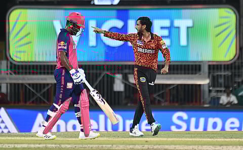 Sunrisers Hyderabad's Shahbaz Ahmed celebrate a wicket against Rajasthan Royals