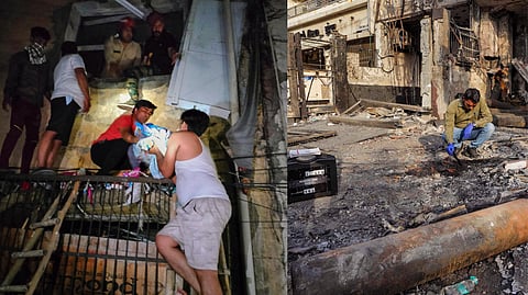 (L-R) A newborn baby being rescued from the Baby Care New Born Hospital; forensic expert collects samples from site of the fire.