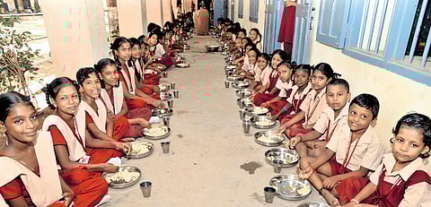 Government School students having their lunch through Mid Day Meal Scheme.