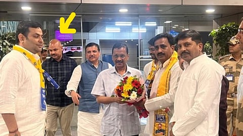 Bibhav Kumar (yellow arrow) with AAP leaders Arvind Kejriwal and Sanjay Singh in Lucknow on Thursday.