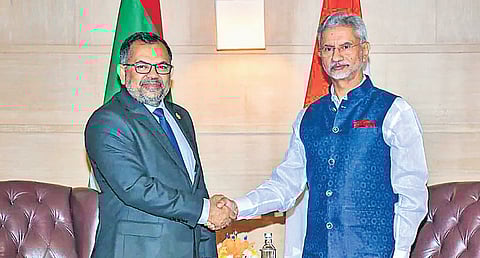 External Affairs Minister S Jaishankar with Maldives Foreign Minister Moosa Zameer at a meeting in New Delhi on Thursday