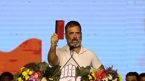 Congress MP Rahul Gandhi speaks at Saroornagar in Hyderabad. (Photo | Sri Loganathan Velmurugan, EPS)