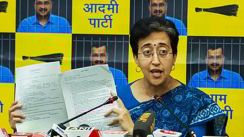 Delhi Minister and Aam Aadmi Party (AAP) leader Atishi addresses a press conference regarding the party's Rajya Sabha MP Swati Maliwal's alleged assault case, in New Delhi, Friday.
