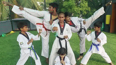 Students during their training session at Narayanan’s Madurai Taekwondo Academy.