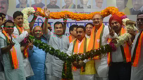 Union Minister Nitin Gadkari at a public meeting for BJP's Chandni Chowk Candidate Praveen Khandelwal at Shastri Nagar in New Delhi on Wednesday.