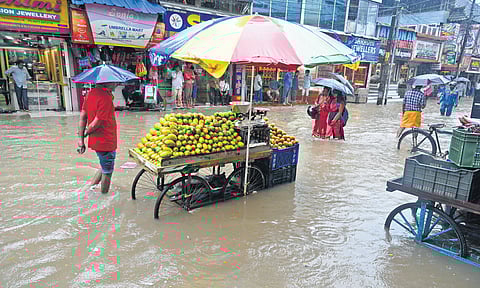 Several shops in the Chala market area were flooded as heavy rain lashed the city on Wednesday