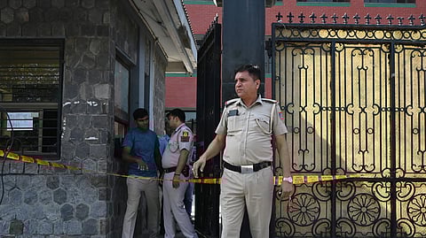 Police personnel outside Mother Mary''s School at Mayur Vihar after multiple schools received a bomb threat, in New Delhi on Wednesday, May 1, 2024.