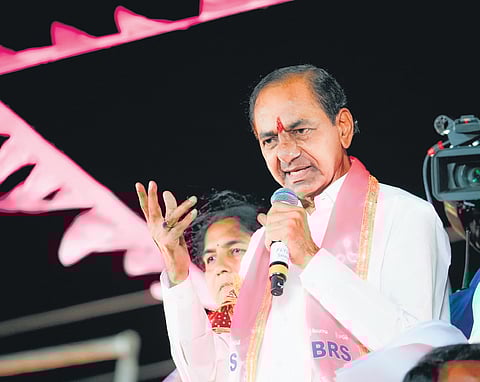 BRS supremo
K Chandrasekhar Rao speaks during
a roadshow in Narsapur
on Wednesday
