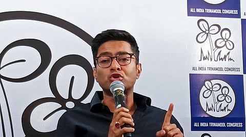 TMC general secretary Abhishek Banerjee addresses the media during a press conference, at TMC Bhawan in Kolkata on Saturday.