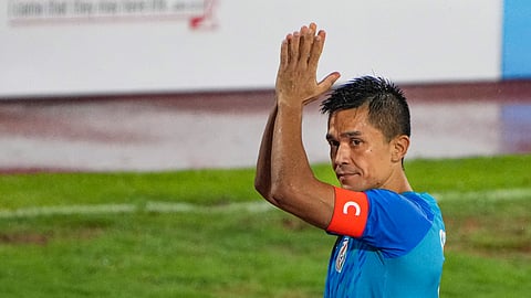 Indian football team captain Sunil Chhetri reacts after winning the football match against Pakistan at the SAFF Championship 2023, in Bengaluru.