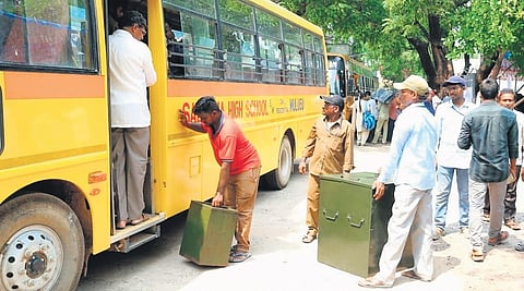 Polling officials leave a Distribution,
Reception and Collection
Centre after collecting ballot boxes on the eve of the Warangal- Khammam-Nalgonda graduates MLC byelection in Mulugu district on Sunday