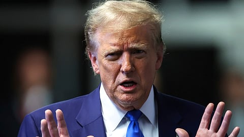 Former President Donald Trump speaks to media as he returns to his trial at the Manhattan Criminal Court, Friday, May 3, 2024, in New York.