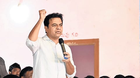 BRS working president KT Rama Rao addresses a meeting as part of the BRS poll campaign for graduates MLC byelection in Nakrekal on Friday